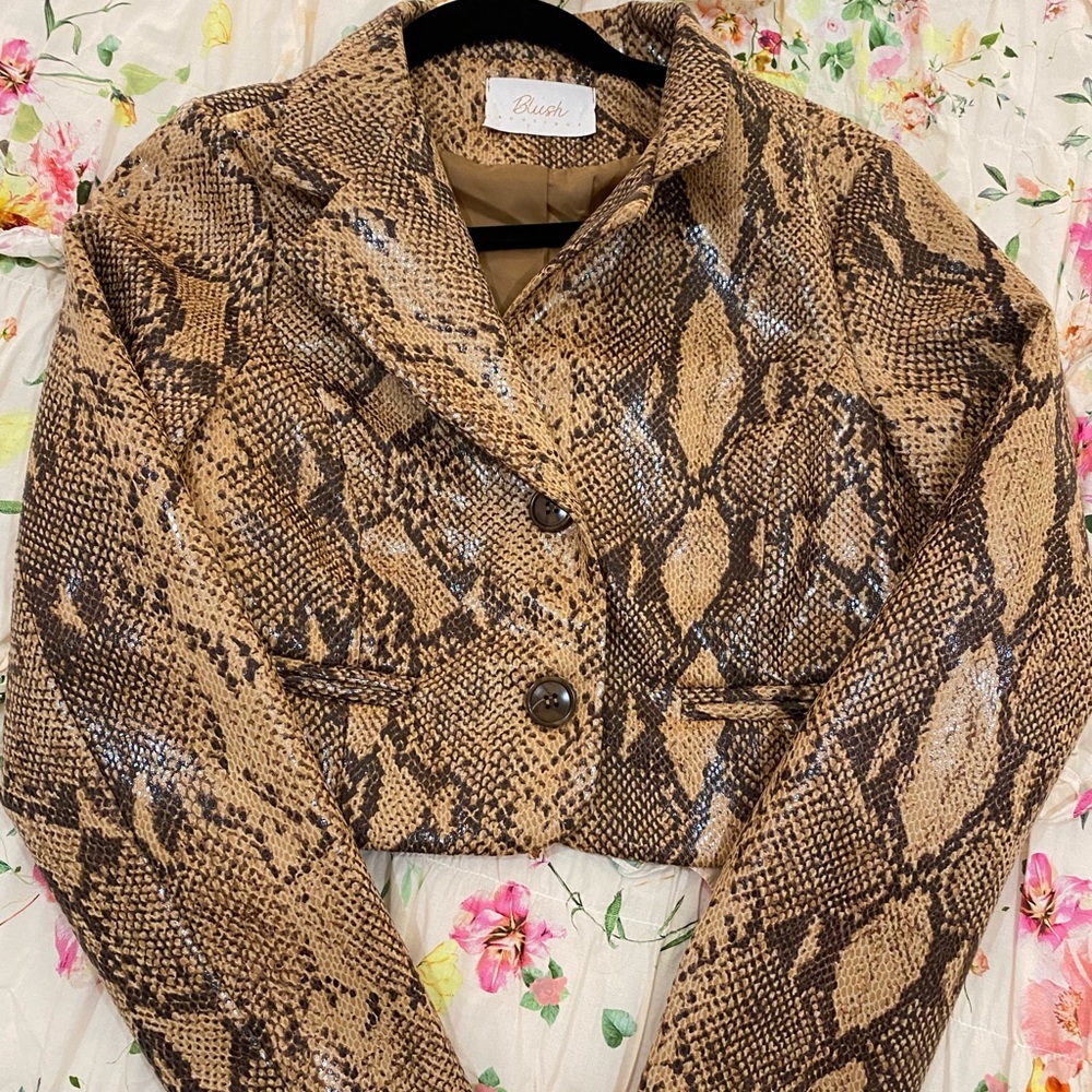 Blush Snake Print Cropped Blazer in Tan and Brown